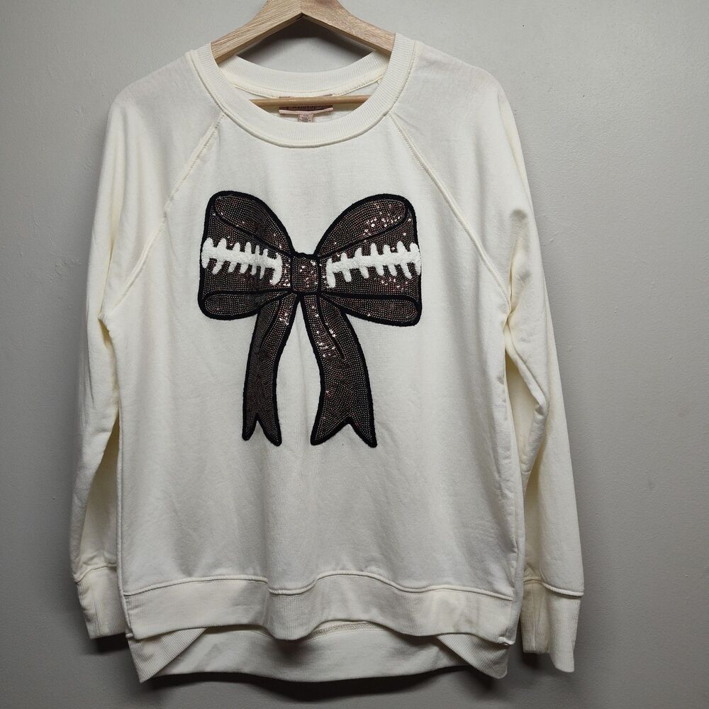 Philosophy Knit Sweater Women L Cream Football Bow Girly Coquette Feminine New